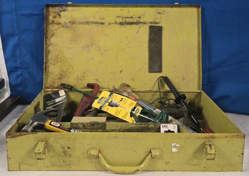 Assorted Tool + Metal ToolBox Lot | Includes But Isn't Limited To; Paint Mixer Head, Hammer, Wrenches, Paint Scraper & More !