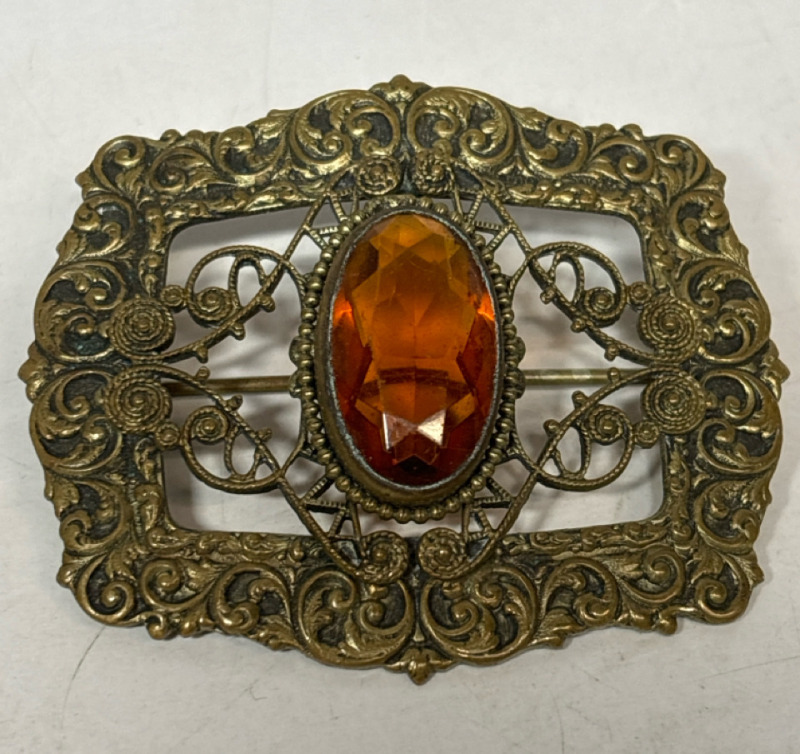 Beautifully designed Topaz Glass Filigree Edwardian sash brooch Circa 1900s