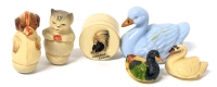 Vintage Lucite Roly Poly Kitten & Unusual Muzzled Pup, Indian Head Lucite Souvenir Ring Box, Swan Rattle & Small Lucite Swan + Duck | Tallest 2"