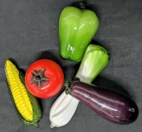 5 Pieces of Art Glass Vegetables | Corn, Tomato, Eggplant, Green Pepper & Bok Choy / Lettuce