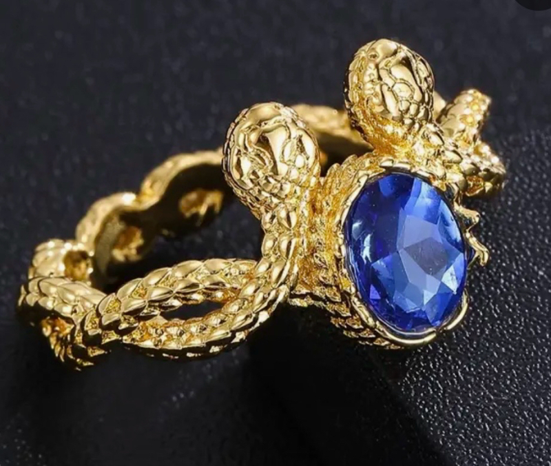 Double Headed Snake Ring Blue Cubic Zirconia Stone Size 10