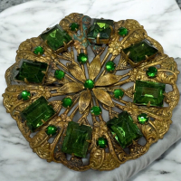 Vintage Emerald Green Glass + Rhinestone Filigree Brooch