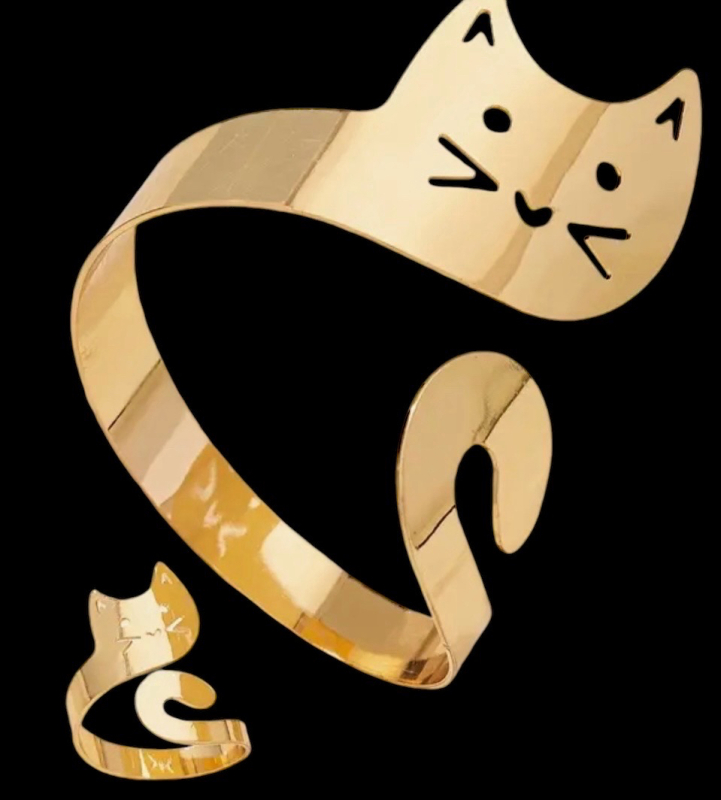 Whimsical Feline Cut Out Bracelet Ring Set