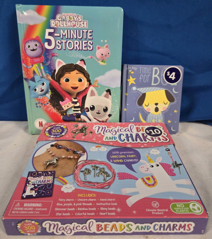 New Kids Lot | Magical Beads & Charms ( Braclet Making Kit ) | Gabbys Dollhouse 5-Minute Stories | & Time For Bed Hardcover Children's Story | Tallest Item Measures 11" Tall