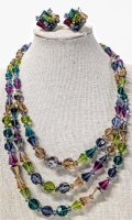 Gorgeous Triple Strand Multicoloured Prismatic Glass Bead Necklace w Matching Clip-On Earrings