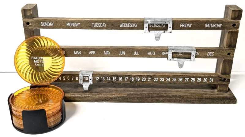 Rustic Wood Desk Calendar (15.5" x 2.7" x 6.8") & Really Neat Car Light-Cover Coasters in Holder from Parkway Motor Sales (3.4" Diam)