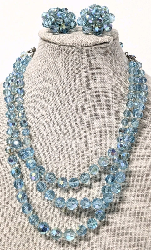 Lovely Triple Strand Periwinkle Blue Prismatic Glass Bead 15" Long Necklace w Matching Clip-On Earrings