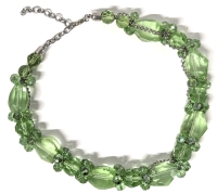 Unusual Large Chunky Green Glass Bead Necklace w Chain Weaving Around Beads w Matching Earrings | 19" Long