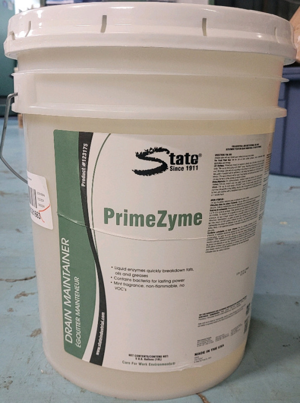 New - State Industrial Co. PrimeZyme Drain Maintainer Liquid Bacterial/Enzyme Treatment , Reduces Drain Blockages , 5gal. Pail . Retail $130