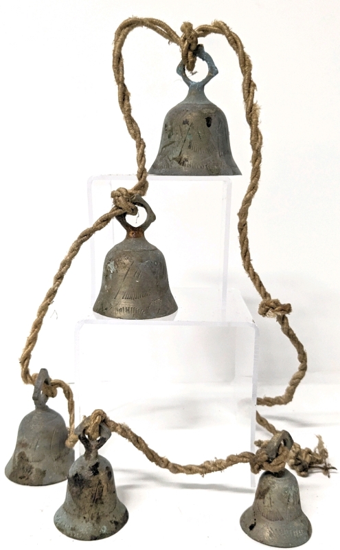 Vintage Rope Strand of 5 Brass Bells Made in India | Bells 2.35" - 3.25" Tall