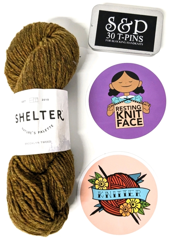 New Shelter Brooklyn Tweed "HAYLOFT" American Targhee-Columbia Wool Skein (128 Meters), 30 T-Pins in Case & 2 3.6" Diameter Knitter Decals