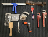 Assorted Hand Tool Lot | Includes But Isn't Lmited To; Boy Scout Belt, Black & decker Mini Impact, Ridgid Wrenches, & Mallory Squeegee Attachments