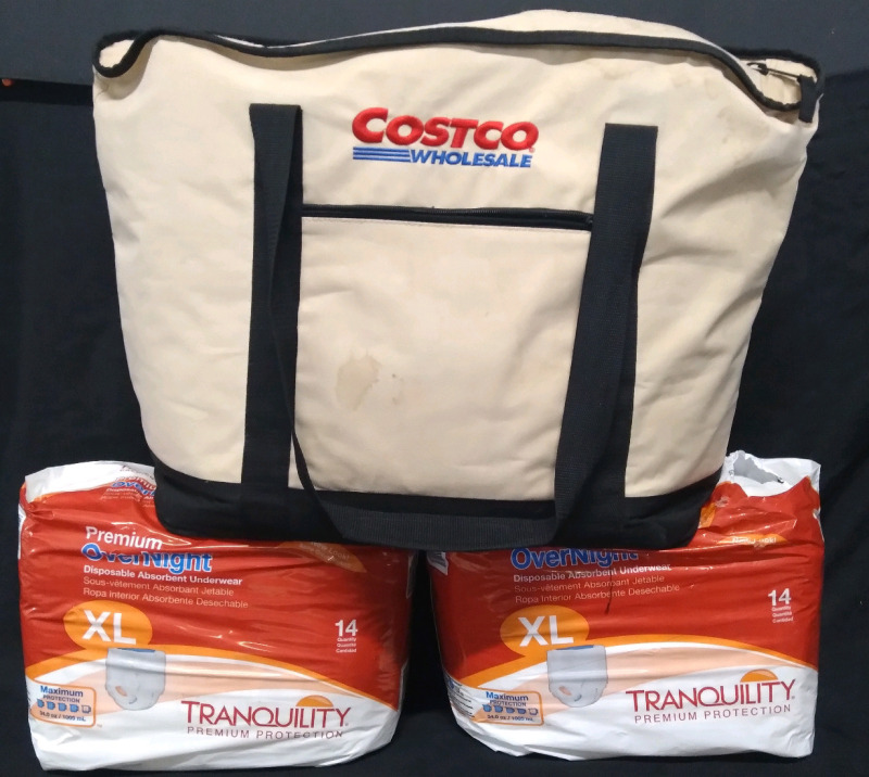 2 New Premium Overnight Tranquility Diaposable Absorbent Underwear XL 14 Pack and 24"x17" Costco Wholesale Bag