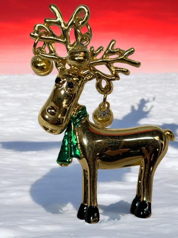 Enamel Reindeer Dangle Bells on Antlers Brooch