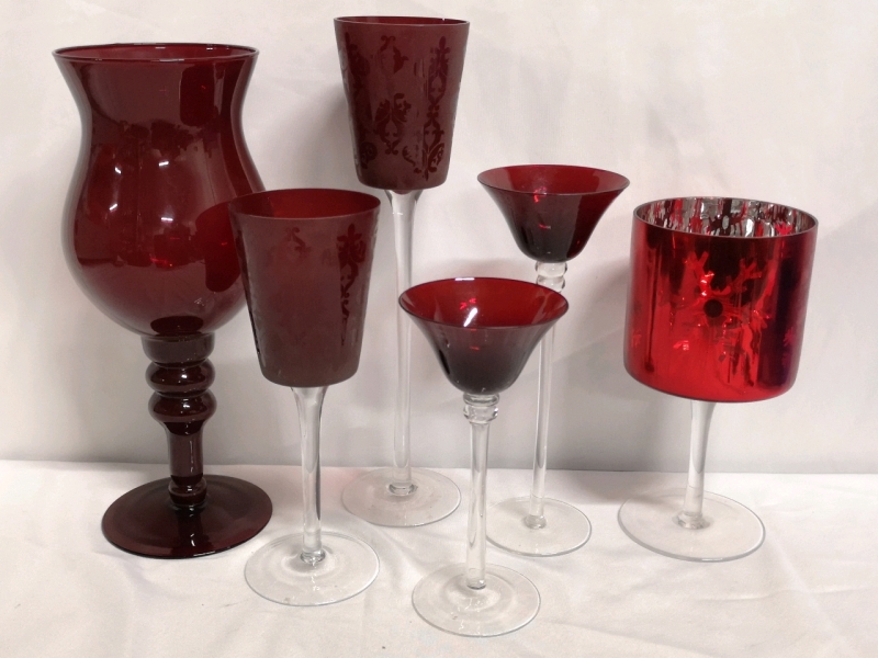 Ruby Red Glass Candle Holders - Tallest 13.75"