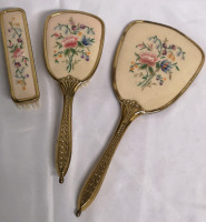 Vintage Ladies Dresser Set - Mirror & Brushes - Hand Embroidered