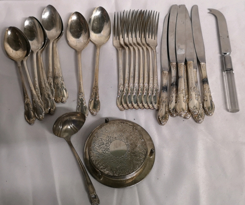 25 Silver Plate Rogers Co. Flatware + Coasters