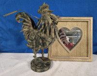 2 Pcs Garden Decor Lot | 13" Tall Metal Rooster | & Wooden Heart Shaped Mirrior With Square Boarder | 10¼" x 10¼"