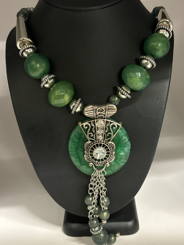 Statement Modern Green Jade Coloured + Rhinestone Chunky Necklace