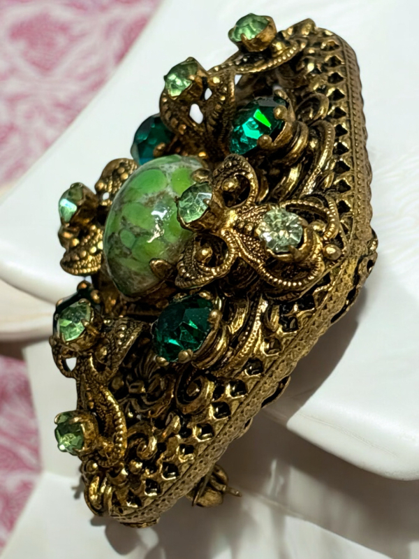 Filigree Peking Glass with Rhinestones Vintage Brooch Gorgeous