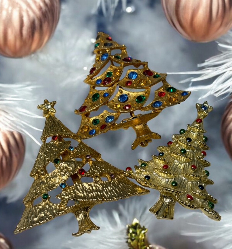 Three Vintage Rhinestone Christmas Tree Brooches 2 Signed