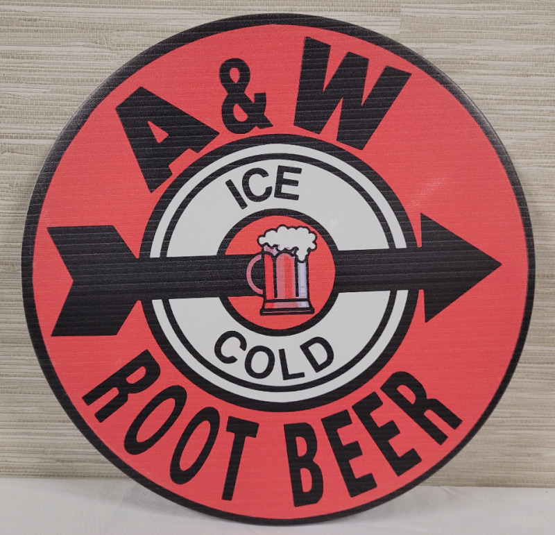 New - A & W Ice Cold Root Beer ➡️ Tin Sign . Measures 11 3/4" diameter