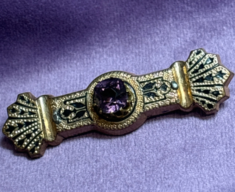 Amethyst Enamel Gilt Bar Brooch