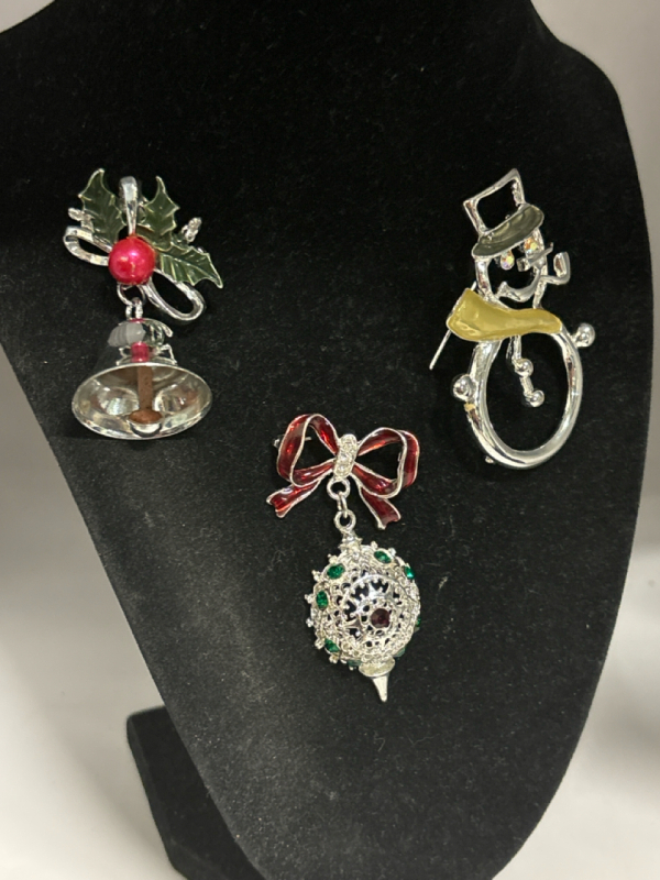 Three Beautiful Rhinestone + Enamel Christmas Brooches