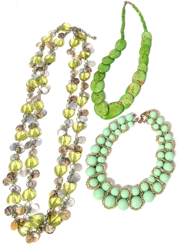 3 Vintage Necklaces | Incredibly Long Abalone, Faux Pearl & Faceted Acrylic Heart-Shaped Beads, Collar w Large Seafoam Green Beads & Green Stained Wood Necklace (Reminds of a Prickly Pear Cactus!)