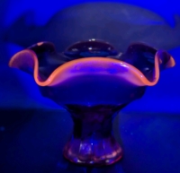 1970s Unsigned Viking Red & CADMIUM Glass Epic Line Crimped Footed Compote | 5.5" Tall | Rim Glows Under Black Light!