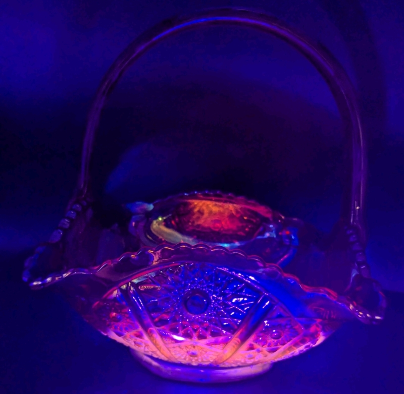 Unsigned Indiana Glass Iridescent CADMIUM & Red Carnival Glass Sawtooth Basket | 7.75" x 7.3" x 9.5" Tall | Glows Under Black Light!