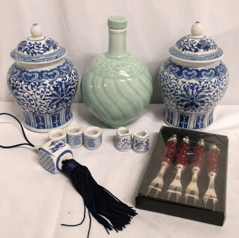 Home Decor Lot - Lidded Urns + Ceramic Candle Holders + New Cocktail Forks +