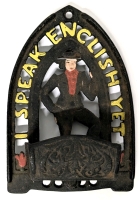 1952 German John Zimmerman Harner Penna Dutch Figure "I Speak English Yet" Cast Metal Wall Match Holder | 6.15" x 4.2"