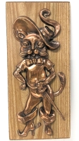 Absolutely Fantastic Vintage Copper-Tone Puss in Boots Mounted on Wood Panel | 6.6" x 14" Tall