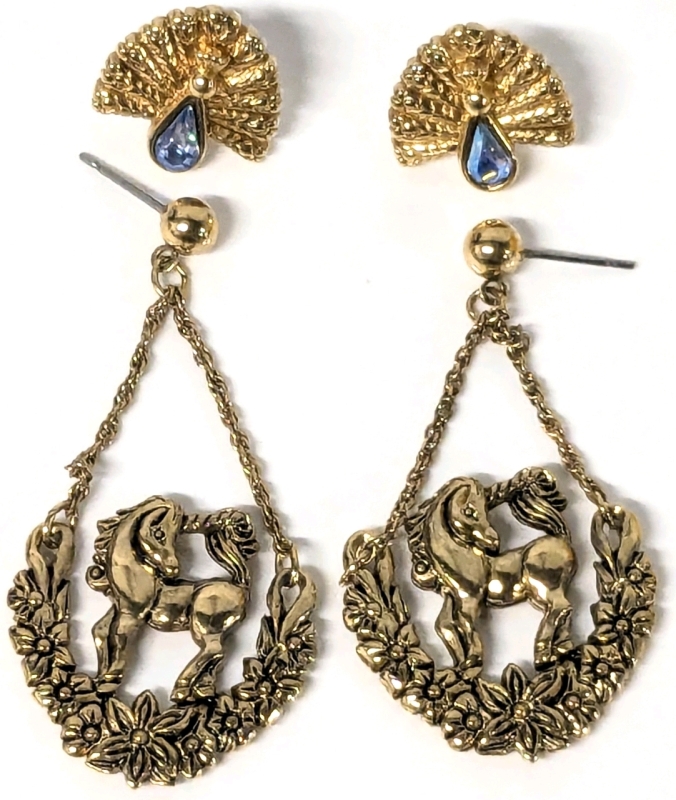 Adorable Vintage Unsigned Avon Mystical Unicorn Dangle Earrings & Dainty Peacock Stud Earrings w Periwinkle Blue Tear-Shaped Rhinestones | Unicorns 2" Long