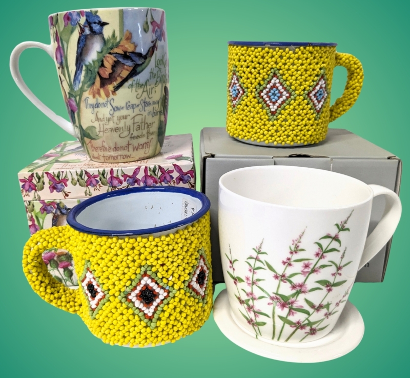 2 Beaded Enamel Mugs Nonthembi Cwaba, New Divinity "Look at the Birds" Ceramic Mug & New Zeb Hankook Lythrum Salicaria L Ceramic Mug & Coaster | Up to 4" Tall