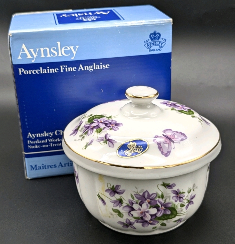 Stunning Aynsley England "Wild Violet" Margarine Box Fine Bone China w Original Packaging | 4" Tall