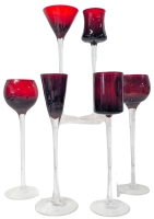 6 Mid Century Modern CADMIUM, Ruby Red & Clear Glass Long-Stem Cordial Glasses | 7.15" Tall ea