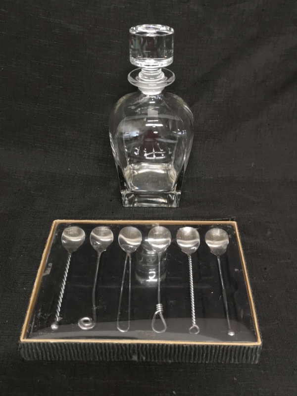 Beautiful Glass Decanter 9" Tall & 6 New Cocktail Spoons