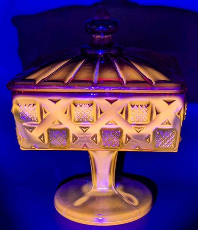 CADMIUM Ruby Red Glass Square Lidded Pedestal Candy Dish | 6.5" Tall | GLOWS Under Black Light!