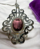 23 Inch Italy Sterling Box Chain Large Pendant Signed Amethyst Coloured Stone