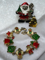 Two Christmas Vintage Enamel Brooches Enamel Bracelet