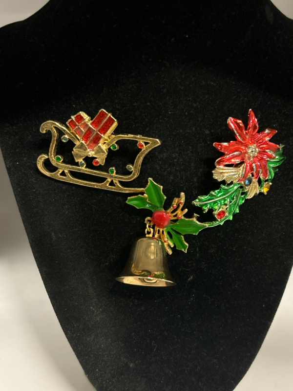 Three Enamel Christmas Brooches Ringing Bell Two with Rhinestones