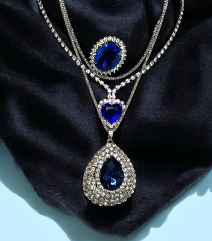 Statement Blue Sapphire Rhinestone Cabs and Clear Rhinestones Necklaces and Brooch Elegance