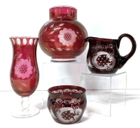 4 Pieces of Ruby Red & Cranberry Glass Cut to Clear | Lamp Shade, Vase, Open Sugar & Creamer | Up to 6.7" Tall