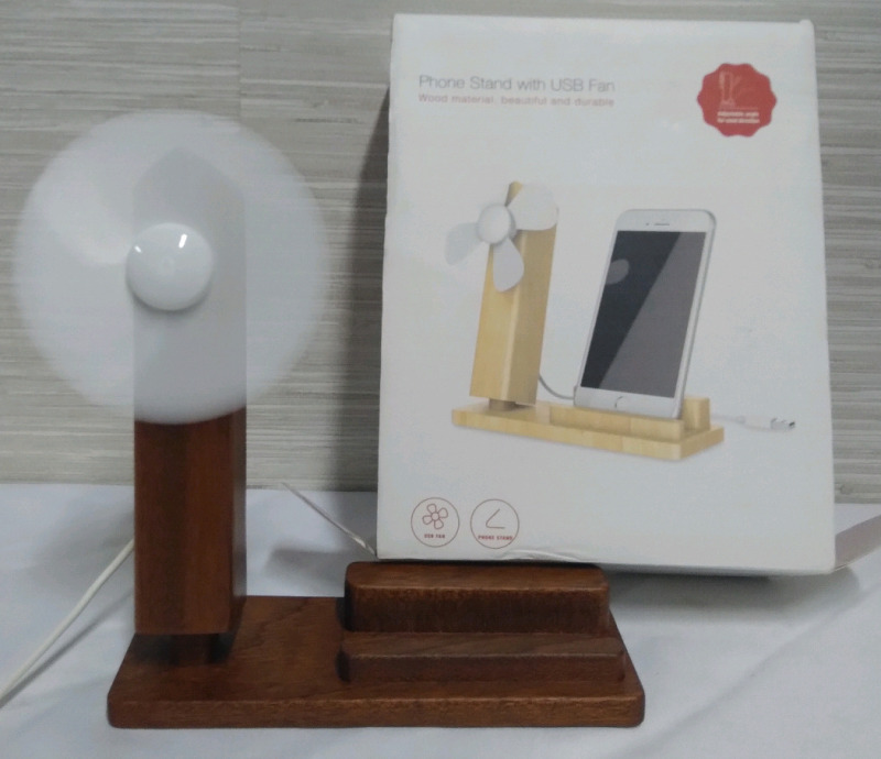 New 7x7" Wooden Phone Stand with USB Fan