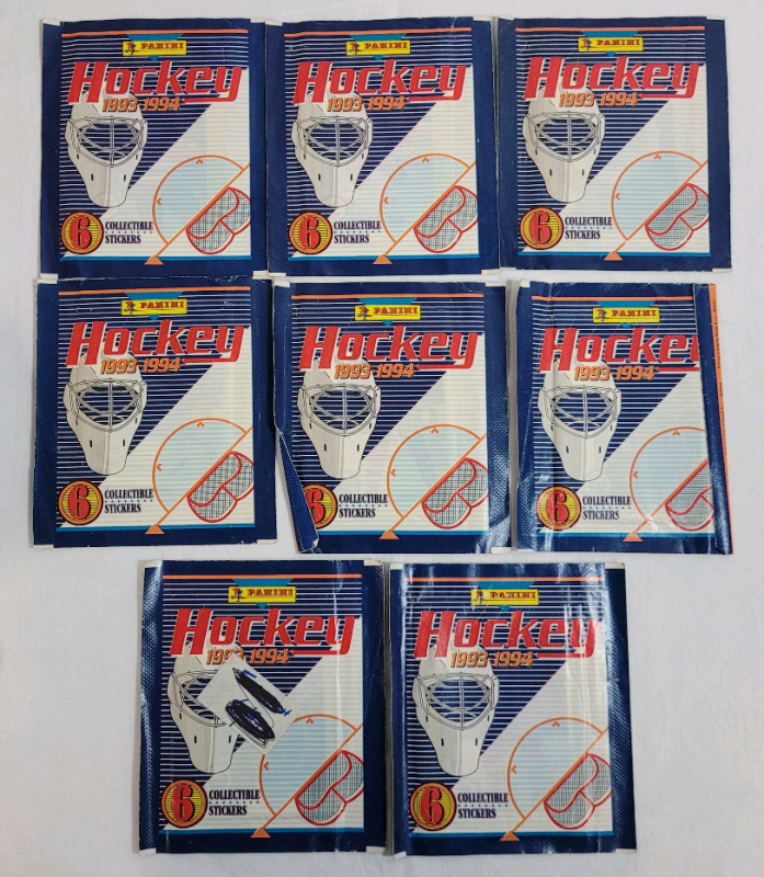 1993 - 94 Panini NHL Hockey Trading Sticker Sealed Packs . Eight (8) Packs , 6 Stickers per Pack .