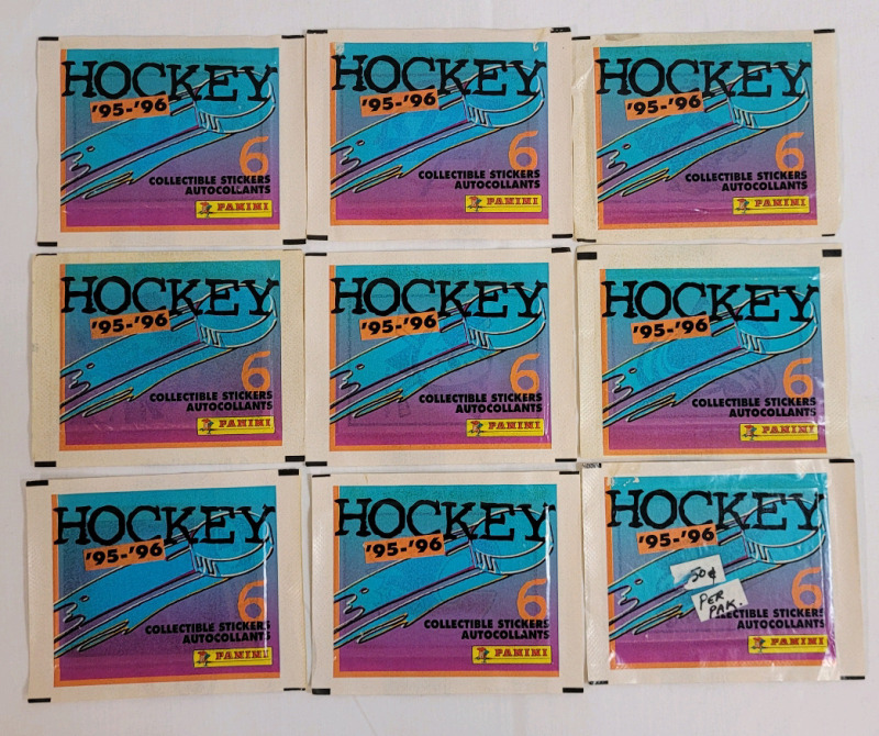 1995 - 96 Panini NHL Hockey Trading Sticker Sealed Packs . Nine (9) Packs , 6 Stickers per Pack .