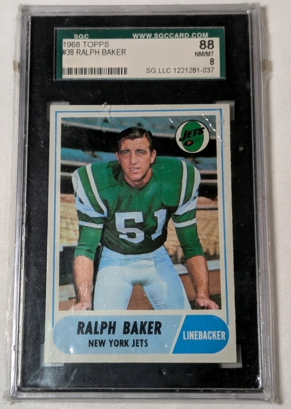 1968 Topps NFL Ralph Baker New York Jets Linebacker #38 SGC Graded 88 Near Mint/Mint 8