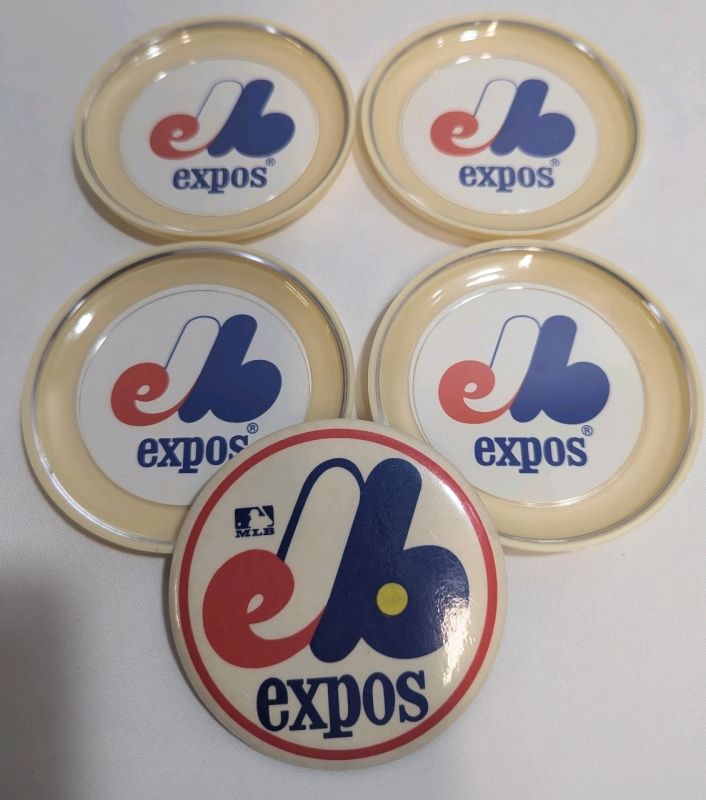 Vintage MLB Baseball Montreal Expos - 4 Coasters/Emblems and 1 pin.